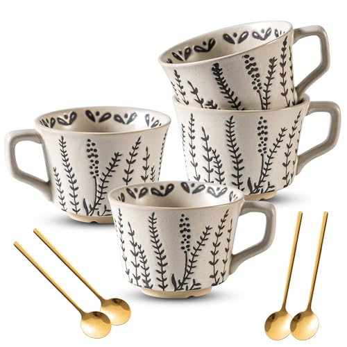 Noevany Ceramic Latte Mug Set of 4 with Gold Spoon, 11 Ounce Porcelain Cups for Latte, Hot Tea, Cappuccino, Mocha, Cocoa, Housewarming Wedding Present Gifts for Men Women Dishwasher Microwave Safe