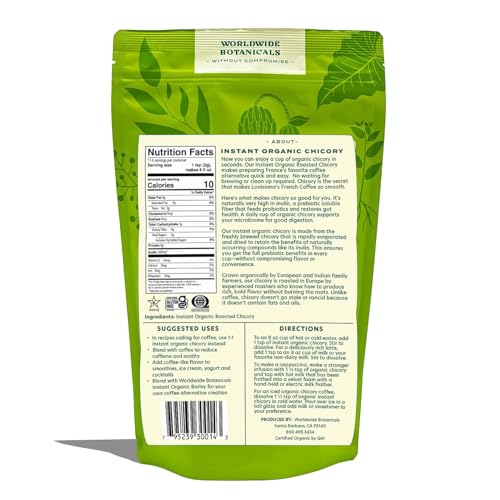 Image of Worldwide Botanicals Instant Organic Chicory Root - 114 servings - Caffeine-free Coffee Alternative - Blend Instant Organic Chicory with Coffee, Prebiotic, Acid-Free, Kosher, Gluten-Free - 8 ounces
