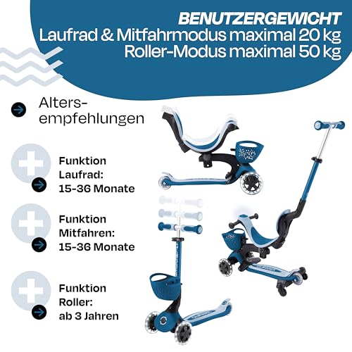 GLOBBER GO-UP Baby Lights 360&deg; - Tretroller, Dreirad und Laufrad f&uuml;r Kinder - h&ouml;henverstellbares Kinderfahrzeug - 3r&auml;drig bis 9 Jahre - Bunte LED-Leuchtrollen - Petrol-hellblau