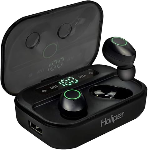 Holiper Wireless Earphones Bluetooth 5.0 Headphones with Microphone, HD Stereo Earbuds Cordless Earpods for Apple iPhone Android Phones Samsung Huawei, IPX5 Waterproof, 2200mAh Charging Case, Black