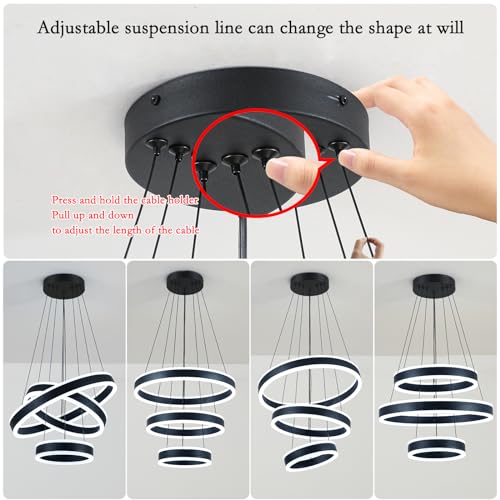 O'NEELDY Modern LED Chandeliers Adjustable Hanging Black Pendant Light Fixture 3 Ring Flush Mount Chandeliers for Bedroom,Kitchen,Island Cafe - Image 4