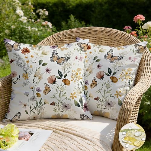 JANGYUHH 2er Set Outdoor Kissen Wetterfest Kissenbezug 40x40 cm Modern Blumen Dekokissen Sommer Kissenbezüge für Garten Sofa Couch Wohnzimmer Schlafzimmer Doppelseitiges Muster