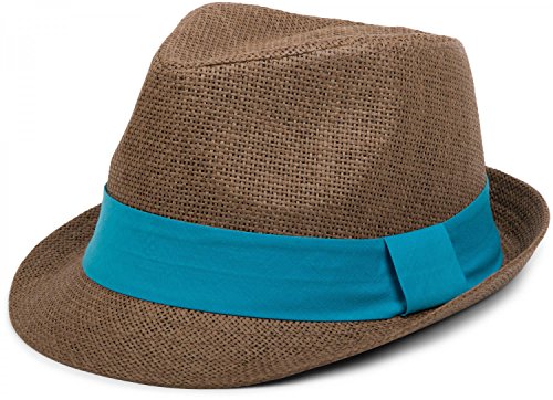 styleBREAKER Trilby Hut, Leichter Papierhut mit kontrastfarbigem Zierband, Unisex 04025002, Farbe:Braun/Türkis, Größe:L/XL = 58 cm