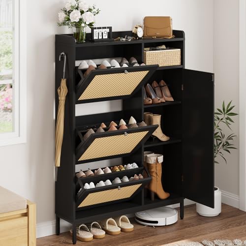 GarveeHome Shoe Cabinet Rattan with 3 Flip Drawers and 4-Tier Shoe Storage Cabinet, Freestanding Shoe Organizer with Adjustable Shelves for Entryway, Closet, Hallway (Black) 3-Drawers + 1-Do