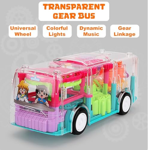 Image of DEOXY Toy Bus for Kids - Big Size Transparent Vehicle - Educational Aid for Learning Mechanisms by Observation - Bump and Go - 3D Flashing LED Lights and Music(1488B Bus)