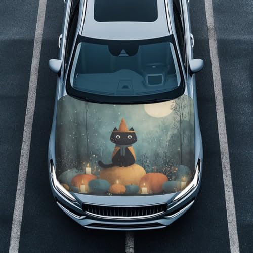 Image of Cute Black Cat Halloween Print Car Hood Cover Easy to Install Fabric Hood Cover Halloween Vehicles Decorate Engine Removable Automotive Accessories Personalized Suitable for Cars(59x39 Inch)