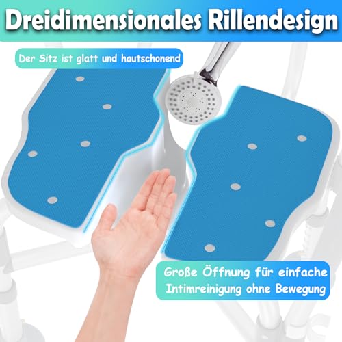 Suusolny Douchekruk met afneembare armleuningen en rugleuning, groefdesign, douchestoel voor senioren, in hoogte verstelbaar, waterdicht, antislip, met rubberen voeten, tot 200 kg - Afbeelding 4