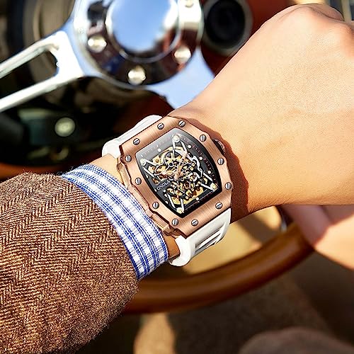 rorios Polshorloges voor heren, modieus, vierkant horloge voor mannen, draagbaar horloge, mechanisch skelethorloge, waterdicht, oplichtend, horloge met siliconen armband - Afbeelding 7