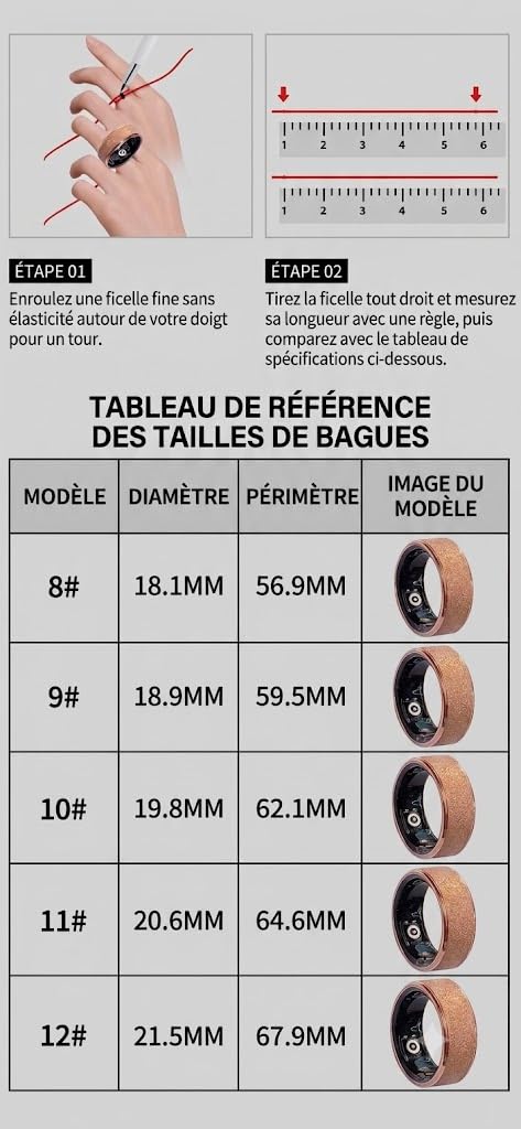 Bague Connectée Smart Ring Dorée - Suivi de Forme, Analyse du Sommeil, Fréquence Cardiaque et Activité Quotidienne - Bague Intelligente Fitness avec Boîtier de Charge Sans Fil - iOS & Android