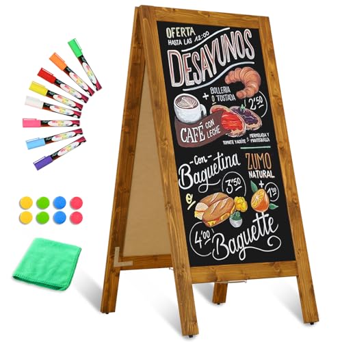 Image of Double-Sided Magnetic 40 inch x 20 inch Yellowish-Brown Chalkboard Sign | Wooden A-Frame Sign, Sandwich Board Signs Outdoor, Chalkboard Easel, Menu Board for Restaurant, Business or Wedding