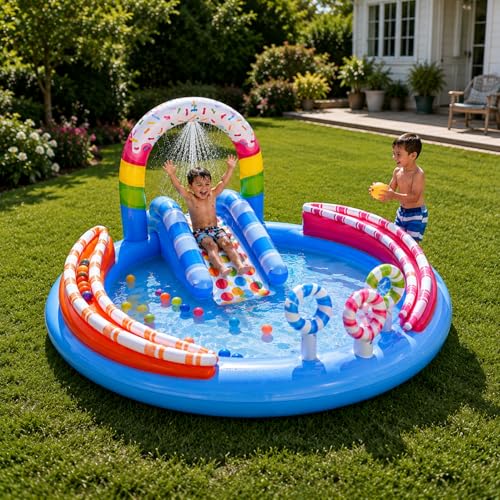 Image of Toy Imagine Candy Zone Inflatable Kids Pool Play Center with Water Slide & Sprinkler, Backyard Toddler Pool, Outdoor Summer Water Park (116 inch x 75 inch x 51 inch)