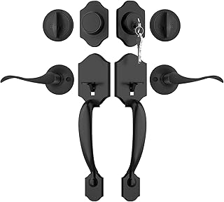 Haidms Matte Black Double Door Handle with Deadbolt, Black Front Door Lock Set, Heavy Duty Double Lock Door Handleset with Dummy, Double Front Door Hardware Set with Reversible Handle Lever