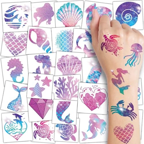 CHARLENT Glitter Mermaid Temporary Tattoos for Kids - 74 Individually Sheets Glitter Tattoos for Kids Mermaid Birthday Decorations