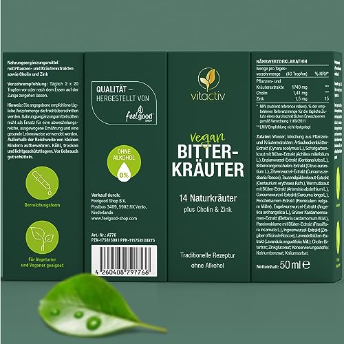 VITACTIV Bitterkräuter - Bittertropfen ohne Alkohol - Erlesene Kräuter plus Cholin & Zink - Bitterstoffe Tropfen nach Hildegard von Bingen - Ohne Künstliche Zusätze, Zuckerfrei, Vegan - 50ml