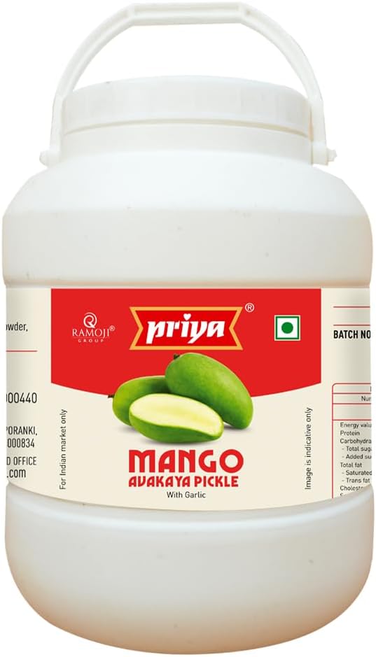 Priya Mango Avakaya Pickle with Garlic, 5Kg - Authentic Telugu Style Avakai Aam Achar| Traditional South Indian Taste| Homemade Andhra Pickles| Tangy & Spicy | With Mango Pieces and Mixed Spices