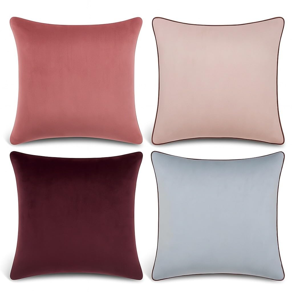 Set de 2 Fundas Cojín Terciopelo. Fundas Cojines Decorativos. Funda Cojin Sofa Terciopelo. Cojin Cama. Cojines salón. Relleno no Incluido. (Berenjena, Rosa y Gris, 45x45cm, 4ud)
