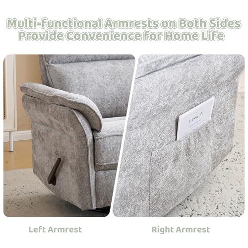 Image of Swivel Rocker Recliner with Adjustable Headrest,Upholstered Glider Rocker Recliner with Overstuffed Armrest,Manual Recliner Nursery Chair for Living Room,Light Grey