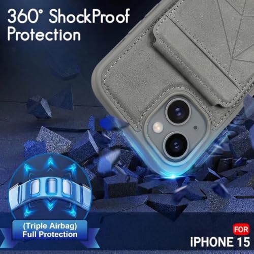 Image of amazon basics Premium Vegan Leather Back Cover with Card Holder and Integrated Mobile Stand for iPhone 15 - Slim Shockproof Wallet Case with Geometric Stitching [Gray]