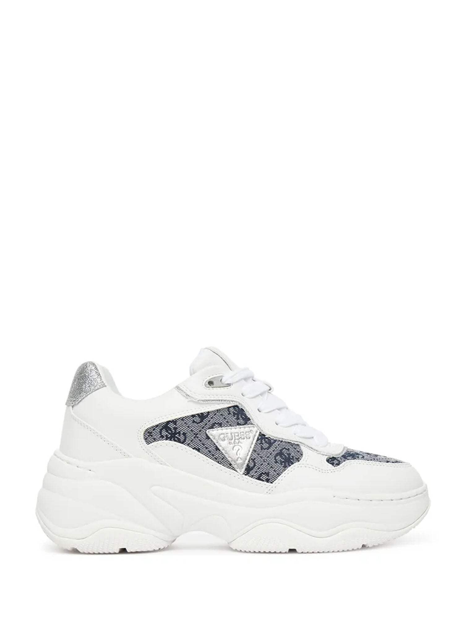 GUESS Scarpe sportive con plateau, bianco e blu, dettaglio glitter argento