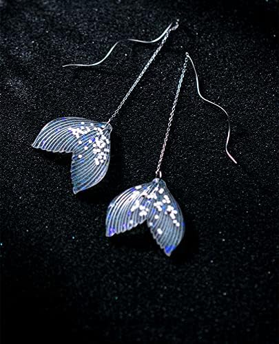 Dainty Ocean Mermaid Tail Threader Dangle Drop Earrings for Women Girls 925 Sterling Silver Acrylic Sequins Fishtail Long Curved Line Wave Wire Stud Earring Retro Birthday Cosplay Party Y2K Jewelry
