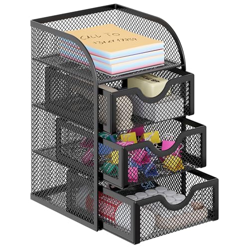 EasyPAG Mesh Desk Organizer with 3 Drawer Office Desktop Organizers and Accessories Stationery Caddy for Office, Home, Students, Black