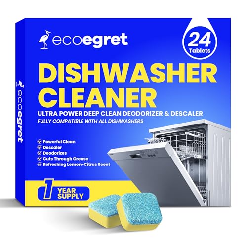 Image of Dishwasher Cleaning Tablets (24 Count) - with Fresh Lemon Scent Dishwasher Cleaner and Deodorizer, Deep Cleans & Descales, Fits All Dishwashers, Septic Safe, 12 Month Supply