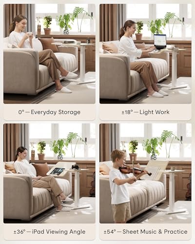 Image of FLEXISPOT Adjustable Height C-Shaped End Table with Split Tilting Top - Mobile Side Table for Sofa & Bedside, Slides Under Furniture, Hidden Wheels for Small Spaces(31.6 inchW x 15.7 inchD,White Wood Grain)