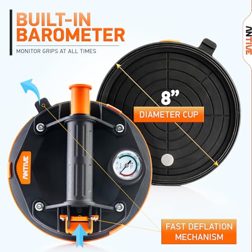 Image of Glass Suction Cup Lifter 265 lbs Each / 530 lbs Combined - 2 Pack 8 inch Heavy Duty Vacuum Suction Cups with Pressure Gauge | Manual Glass & Tile Lifting Tool for Installation