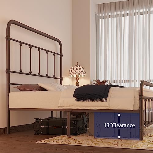 Macbimony Queen-Bed-Frame With Headboard Giselle-Vintage Antique-Metal - Platform Mattress Foundation,49 Inch High,No Box Spring Needed(Brown) #TOP3