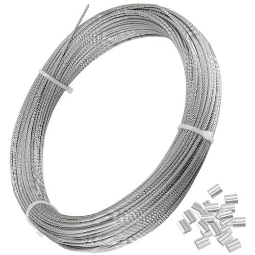 CHEUKYIU 1 cable de alambre de 2 mm, 50 m de largo para avión con 50 piezas de manguito de engarce, cable de alambre de acero inoxidable 316, núcleo de 7 x 7 hilos, para exteriores, jardín,