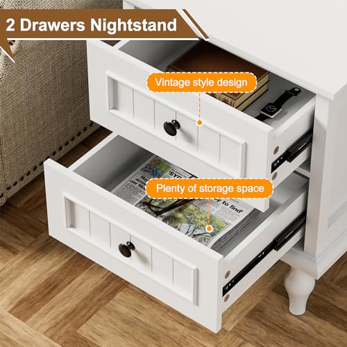 Image of Scurrty Vintage Nightstand Set of 2, Antique Style End Table with 2 Drawers, Taller Nightstand for Bedroom, Side Table for Bedroom (White)