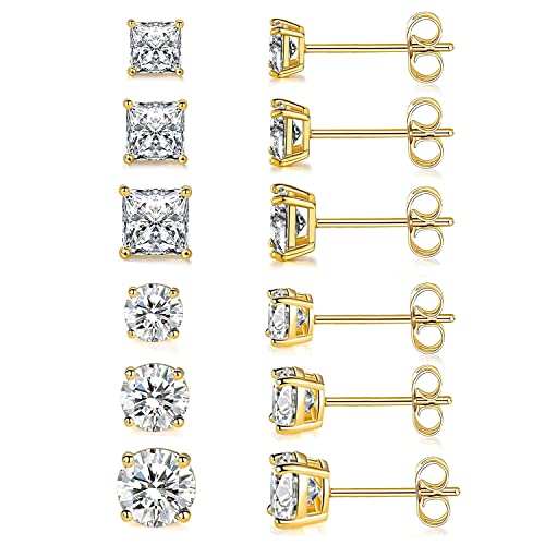18K Gold Plated Round Princess Cut Clear Cubic Zirconia Stud Earring of 6 Pairs (6 Pairs)