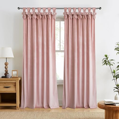 HIG Dusty Pink Velvet Curtains 84 Inches Room Darkening Drapes with Handmade Bow Tie Pearl Tabs for Living Room Thermal Insulated Window Treatment for Bedroom W52 x L84 inch 2 Panels