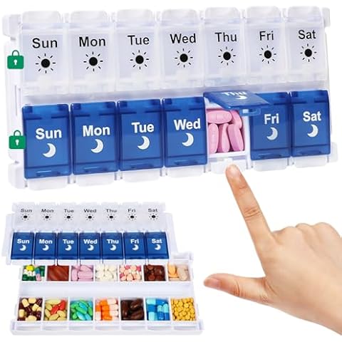 Shintop Weekly Pill Organizer 2 Times a Day, Easy Fill Am Pm Pill Box 7 Day Push Button Medicine Organizer Daily Pill Holder for Vitamins Supplements(Blue & White) Cover