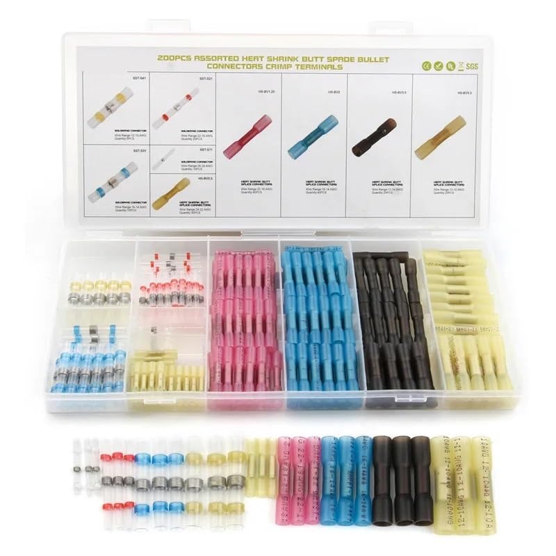 200 piezas de conector de terminal termorretráctil de manguito de soldadura impermeable, grueso, 4 tamaños, empalme de cable a tope, conector de crimpado