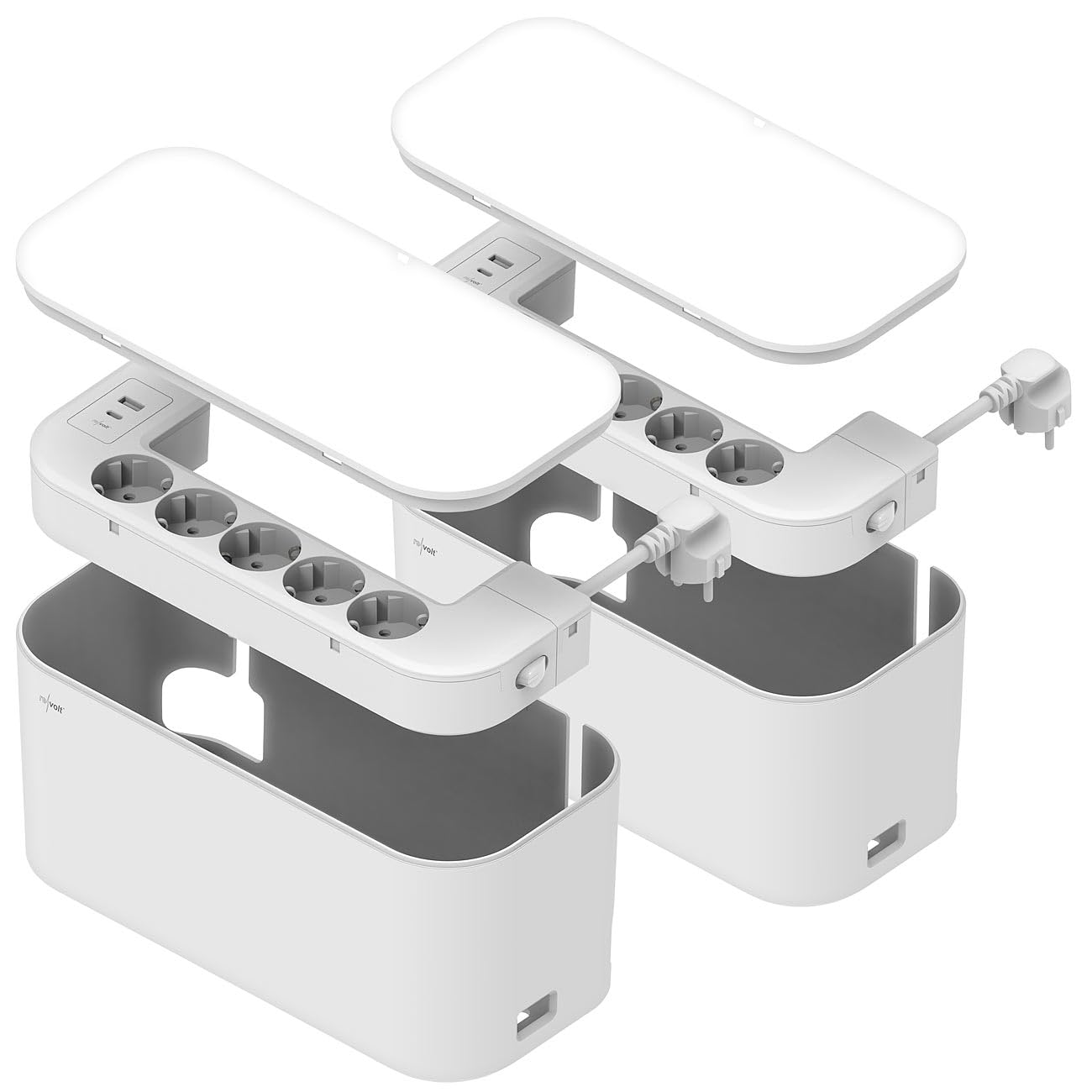 revolt Kabelbox: 2er-Set 5-fach Steckdosenl. mit Kabelb., 1x USB-A 20W 1x USB-C 20W (Kabelbox mit Steckdosenleiste, Steckerleiste mit Schalter, Kabel)