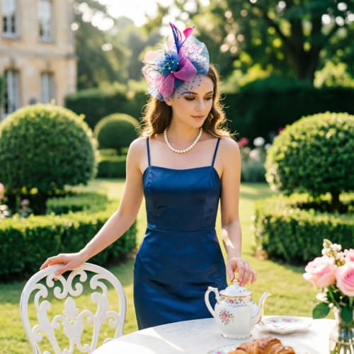 Image of DRESHOW Fascinators Hat Flower Mesh Ribbons Feathers on a Headband and a Clip Tea Party Headwear for Girls and Women