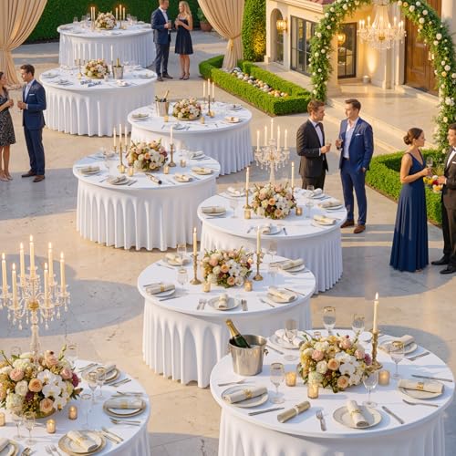 8 Pack White Round Spandex Tablecloth for 60 inch Table, Wrinkle Free Stretchy 120inch Fitted 5FT Round Table Cloths Cover with Skirt for Wedding Birthday Party Dining Banquet Thanksgiving Events by Htper - Image 3
