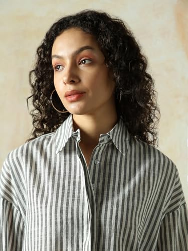Image of HIGH Star Oversized Striped Cotton Shirt for Women | Stylish Tops for Women | Comfortable and Trendy Casual Shirt