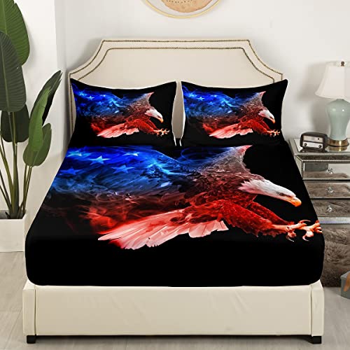 Bald Eagle Bed Sheet Set American Flag Fitted Sheet For Kids Boys Girls Teens Decor Flying Bird Wildlife Animal Bedding Set Blue White Stars Red Black Bed Cover No Flat Sheet 2Pcs Twin Size #TOP2