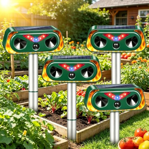 4 Pack New Solar Animal Repellent Outdoor Ultrasonic Deer Repellent Devices with Motion Sensor & Strobe Light & USB Charging Deterrent Cats Racoons Squirrels Skunks Dog Repeller for Yard Garden Lawn