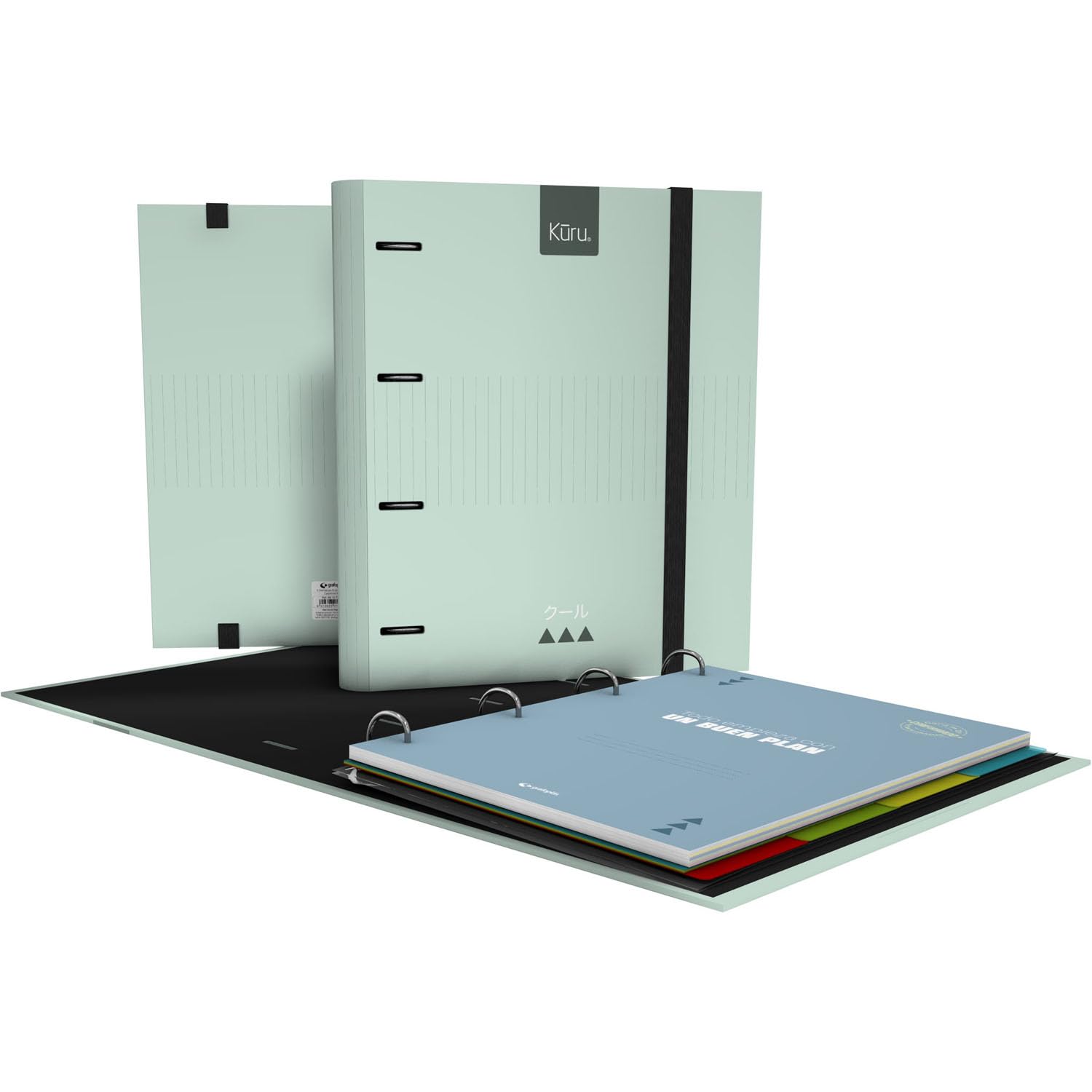Grafoplas Kuru – 4 Ring Binder A4 with Refill, School Pack Complete with Dividers + Planner + Stickers + Transparent Envelope, Hard Cover FSC, Scratch-Resistant Laminated, Mint Soft
