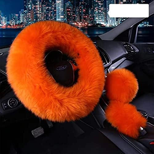 Vacallity 3 Pcs Fluffy Steering Wheel Covers, Universal Soft Comfortable Non-Slip Pure Wool Car Wheel Covers with Handbrake Cover Gear Shift Cover for Woman ＆ Girl, 15"（Orange）