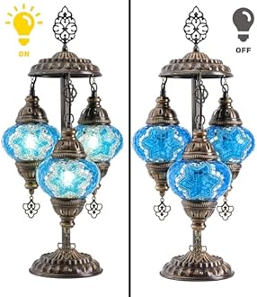 Mozaist Turkish Mosaic Lamp – Moroccan Handmade 3 Globe Table Light with Bulb (Sea Blue)