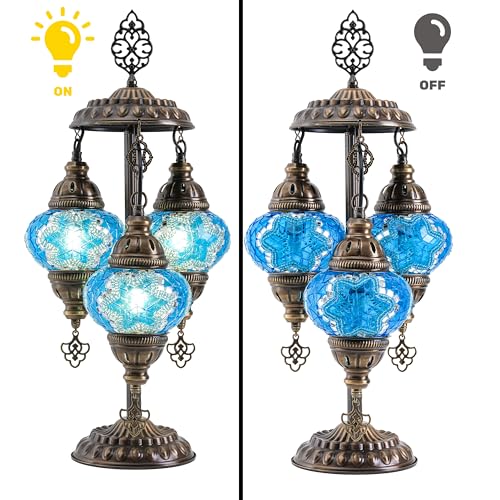 Mozaist Turkish Mosaic Lamp – Moroccan Handmade 3 Globe Table Light with Bulb (Sea Blue)