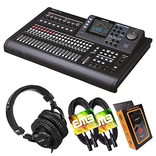 Tascam DP-32SD 32-Track Digital Portastudio Multi-Track Audio Recorder with Pro Headphone and Pair of EMB XLR Cables and Gravity Magnet Phone Holder Bundle