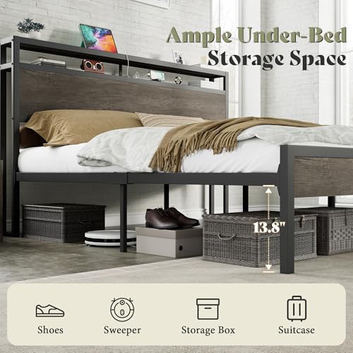 Image of AMERLIFE King Size Bed Frame with Storage Headboard & Charging Station, Industrial Metal Platform Bed with Large Under-Bed Storage, Heavy Duty Slats, No Box Spring Needed, Rustic Grey