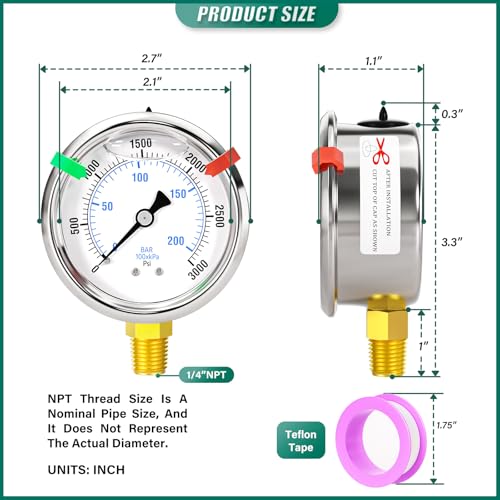 Image of 0-3000psi Stainless Steel 1 /4 inch NPT 2.5 inch Dial, Glycerin Liquid Filled Pressure Gauge Lower Mount Designed for Pressure Testing of Water, Oil and Air (with Range Mark Pointer)