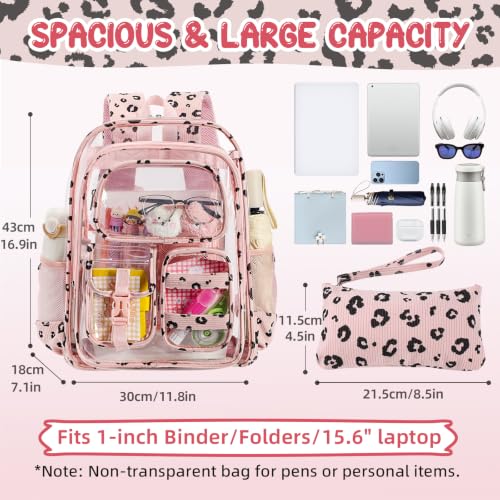 Image of Three-layer Clear Backpack, Heavy Duty Clear Bookbag for Kids, See Through Backpack Transparent Bag for Girls Boys (Pink Leopard)