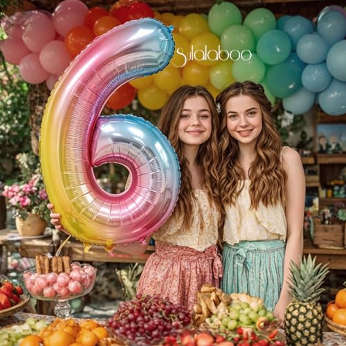 Image of Rainbow Gradient Number 6 Balloon 40 Inch Big Large Balloons 0-9 | 6th Helium Foil Mylar Number Balloons for Birthday Anniversary Party Decorations